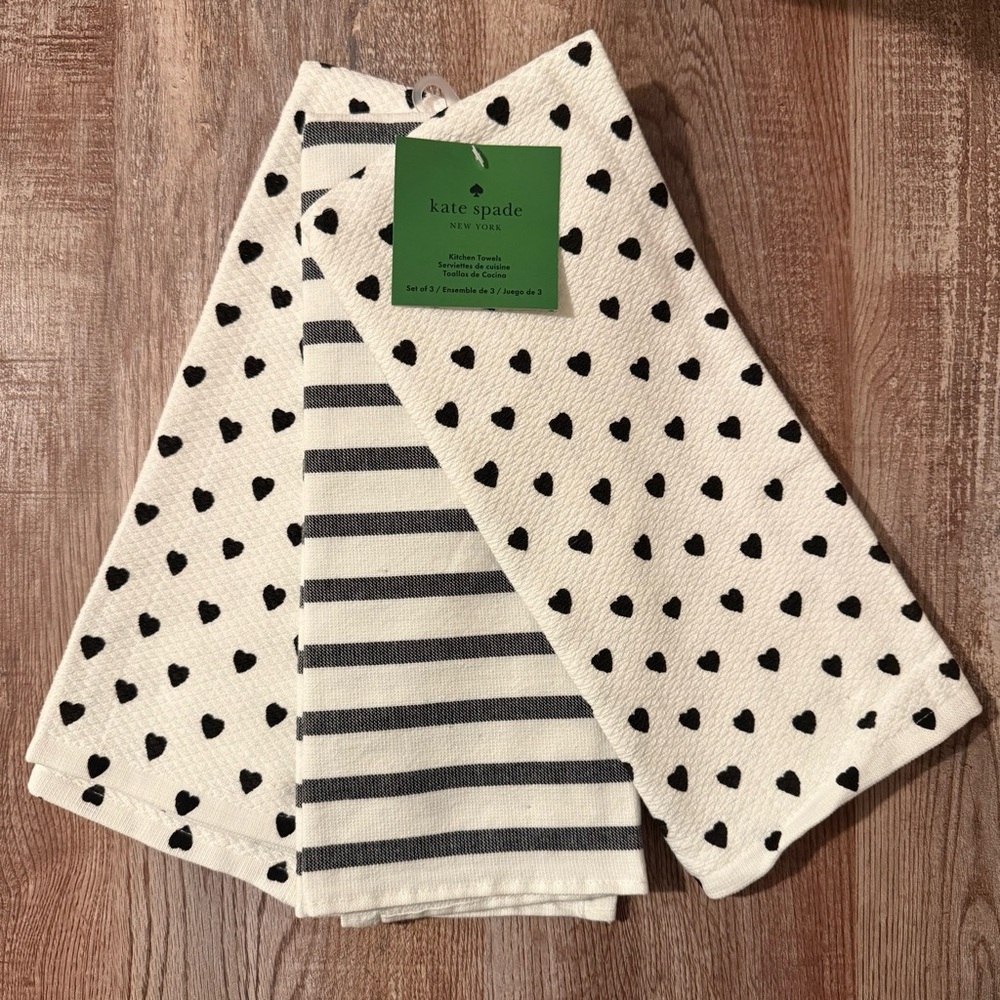 Kate Spade New York 3PCK Black Hearts & Striped Kitchen Towels